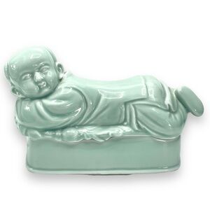 Chinese Ceramic Celadon Opium Pillow Boy Trinket Box 9" Long